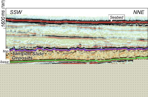A profile through the Tampen Slide, a buried Pleistocene MTC on the Norwegian continental margin (just south of the Storegga Slide), extracted from a 3D seismic survey. Image courtesy of Joanna Gafiera.